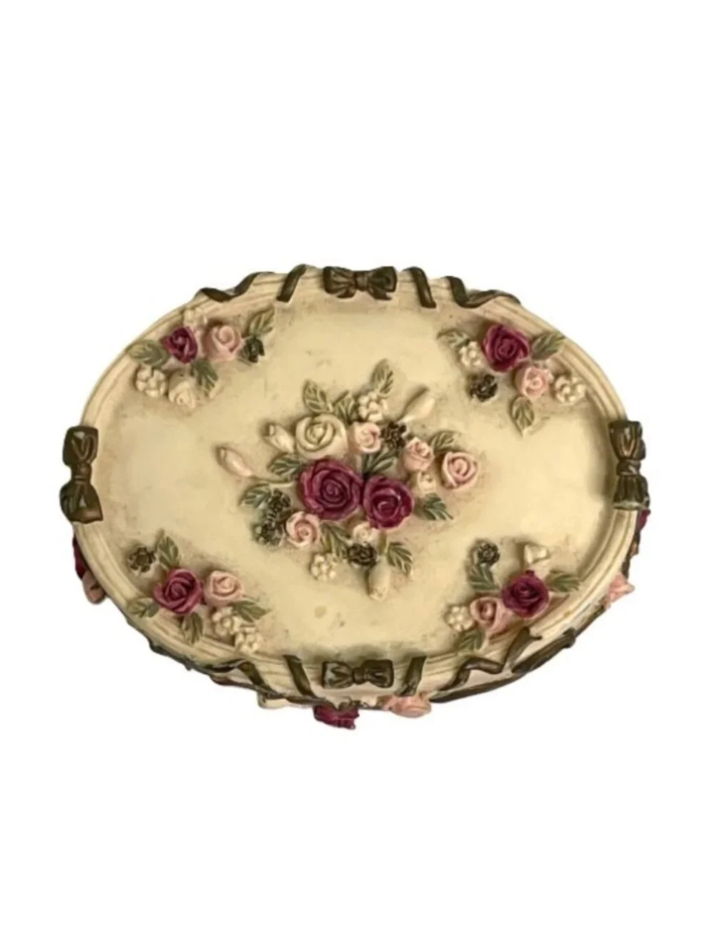 Vintage Dezine Hand Painted Resin Trinket Box Raised Floral 1993 Cake Style